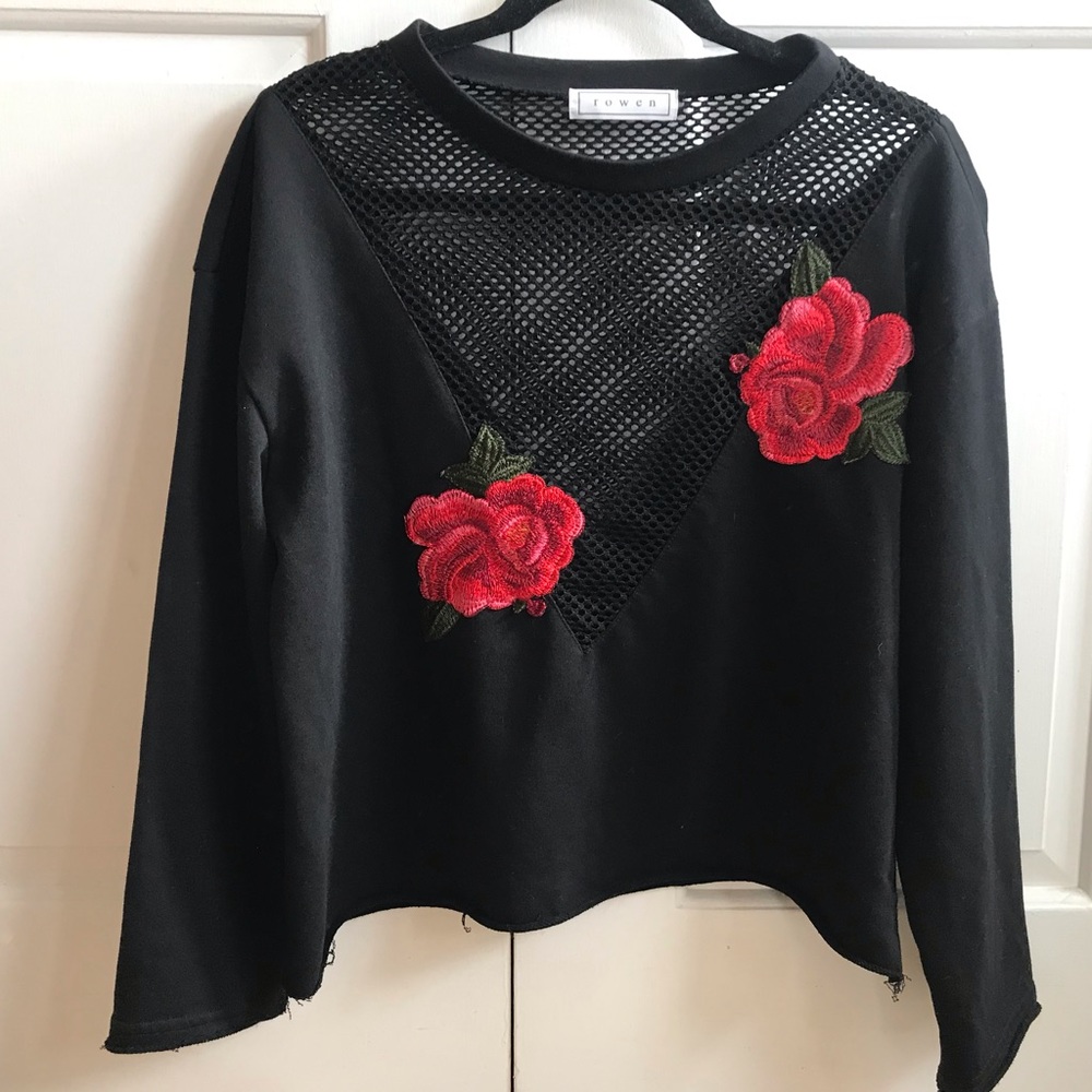 Mesh long sleeve tee with Roses, slightly cropped
